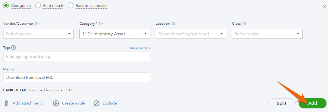 Add imported bank transactions to check register in QuickBooks Online.