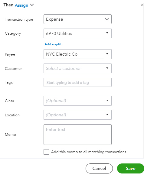 Quickbooks Online Assign transaction section.