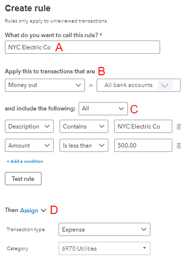 Creating banking rule in QuickBooks Online.