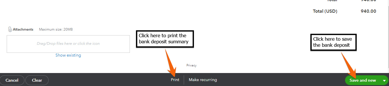 Print and save the check deposit in Quickbooks Online.