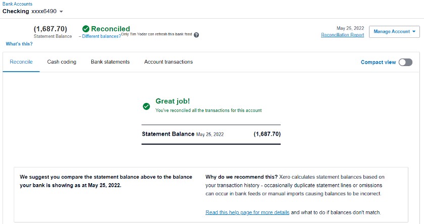 Reconciled bank account in Xero.
