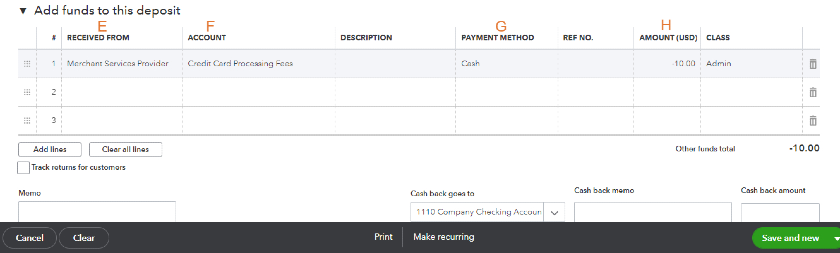 Secon screen Recording a bank deposit in QuickBooks Online.