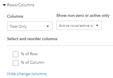 Row/columns balance sheet options in QuickBooks Online.