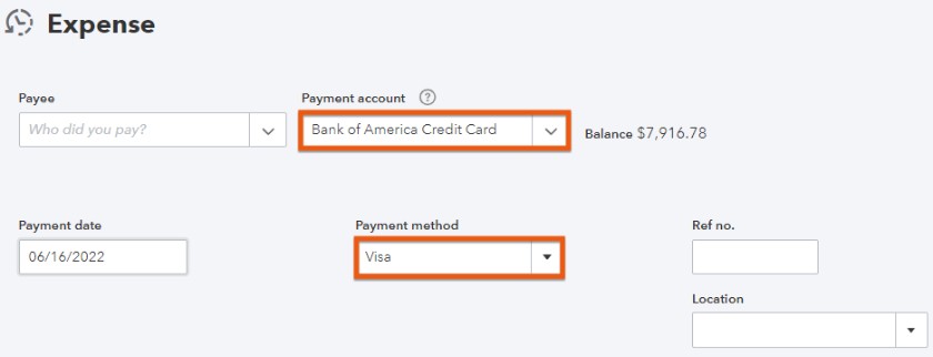 Selecting your payment method and account in QuickBooks Online.