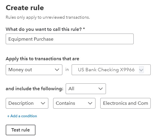 First Screen in Setting automatic rule details in QuickBooks Online.