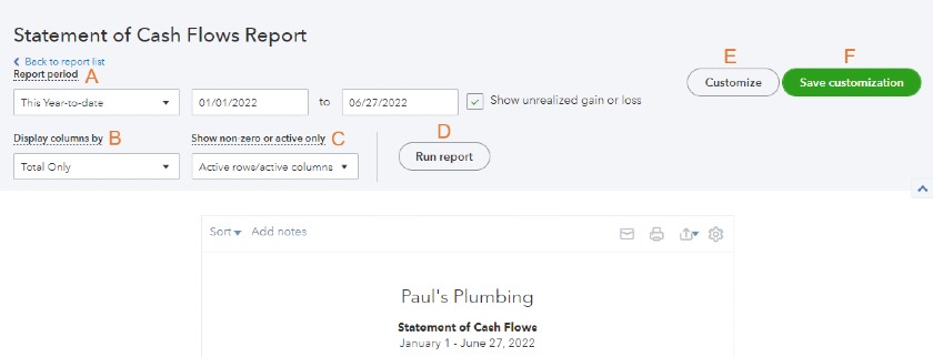 Setting basic options for the statement of cash flows.