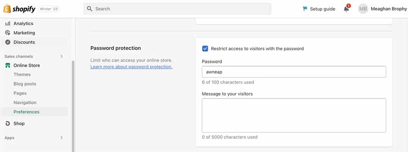 Screenshot Shopify dashboard password protection online store.