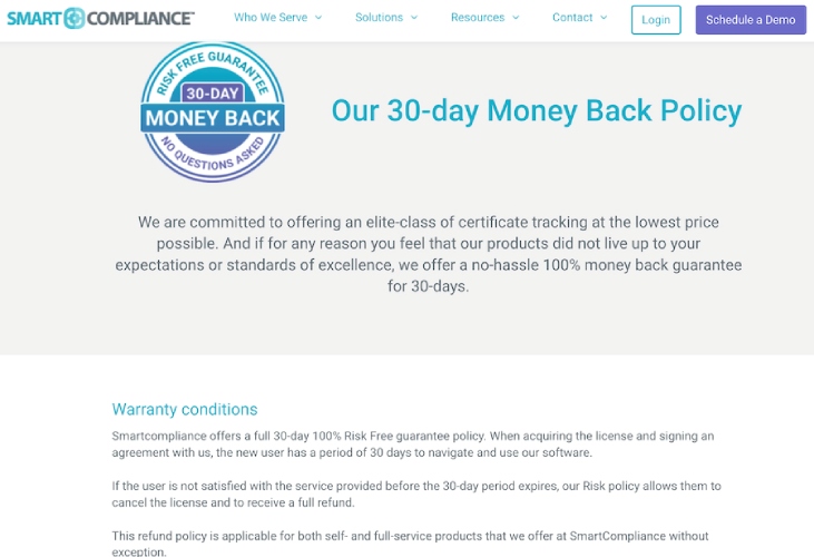 A screenshot of the terms of SmartCompliance's 30-day money back policy.