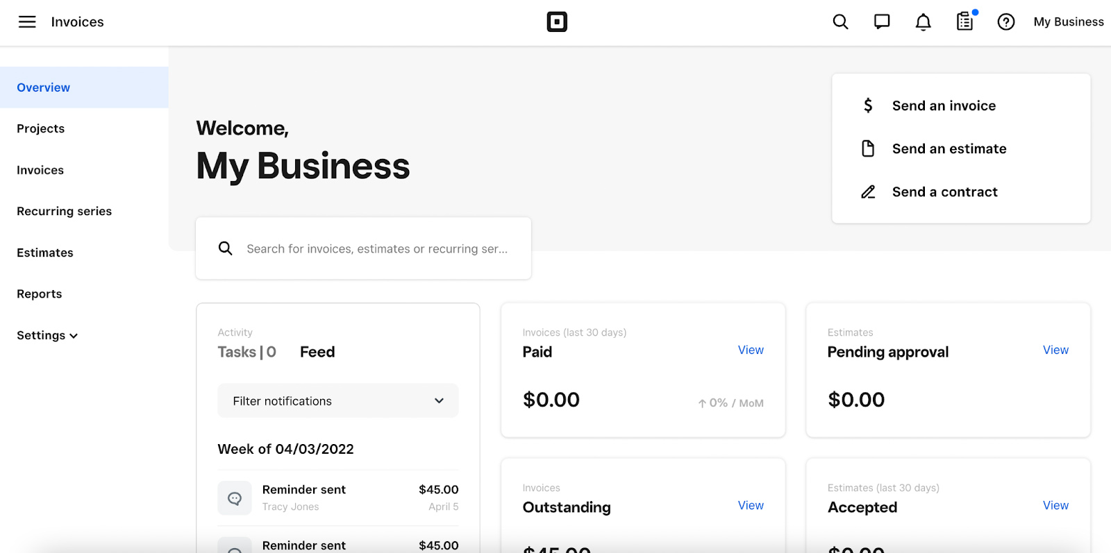 Square Retail Invoice Overview page.