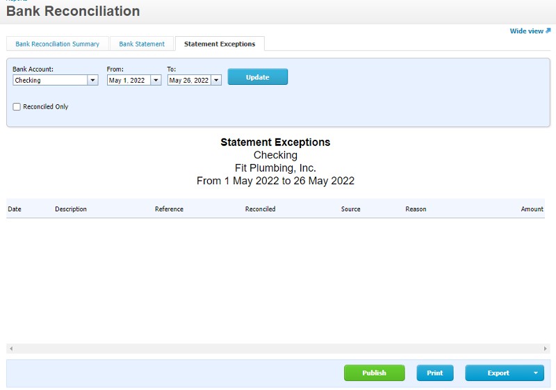 Statement Exceptions tab in Xero.