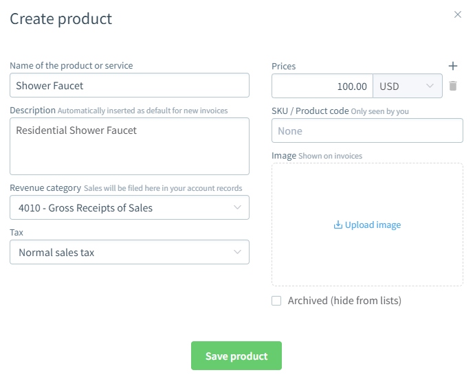 Sunrise create product fields.