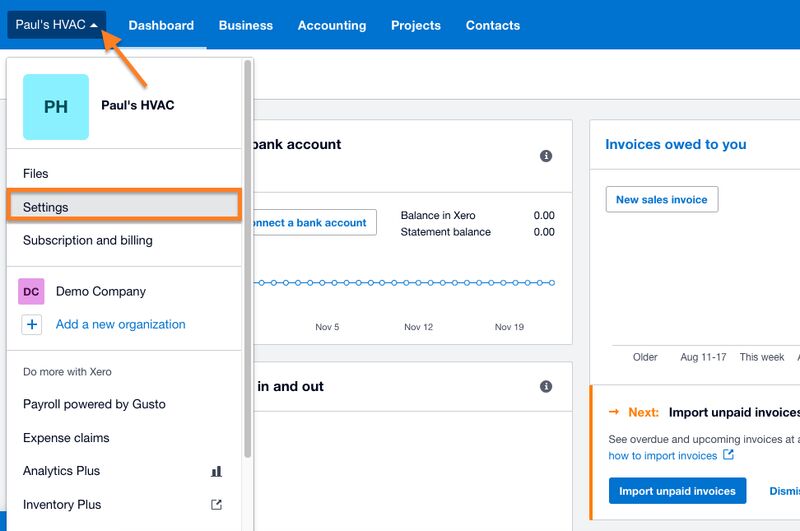 Screen showing how to navigate to the Settings page in Xero.