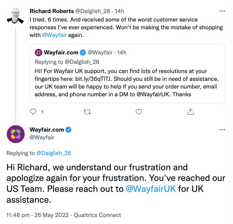 Wayfair Twitter account acknowledge and answer all mentions.