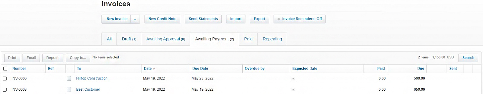 Invoices awaiting payment in Xero.