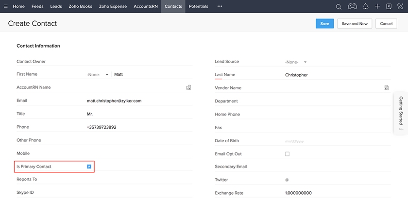 Zoho CRM adding contact record.