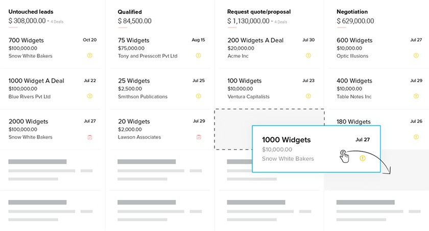 Zoho CRM sales pipeline view interface.