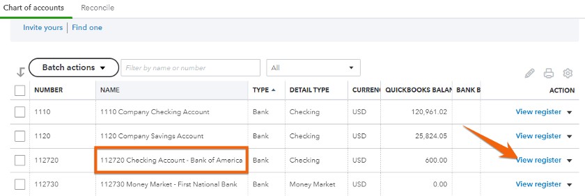 View checking account register in QuickBooks Online.