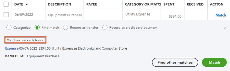 View downloaded transaction detail in QuickBooks Online.