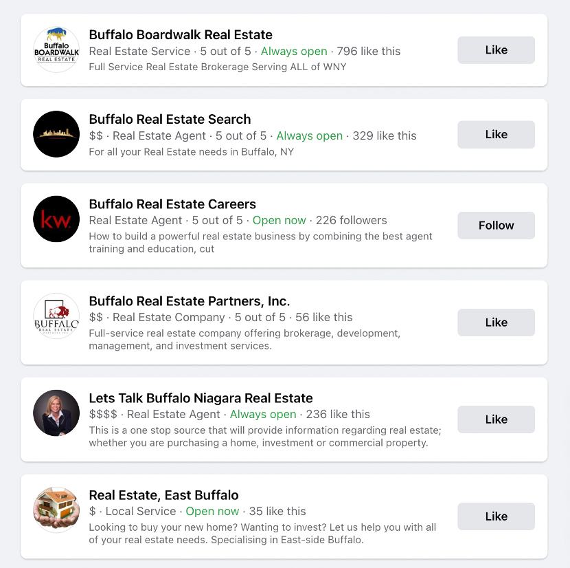 Showing Buffalo NY real estate search on Facebook.,