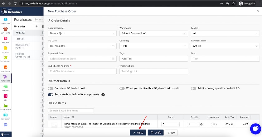 Creating purchase orders right on your Orderhive account.