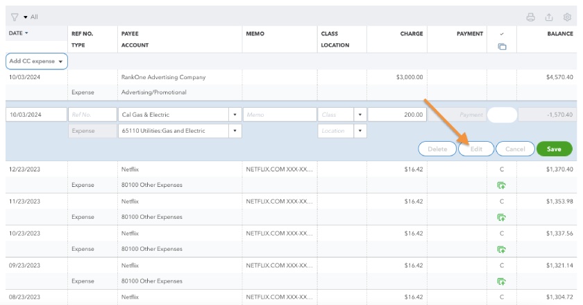 Credit card register highlighting the Edit button.