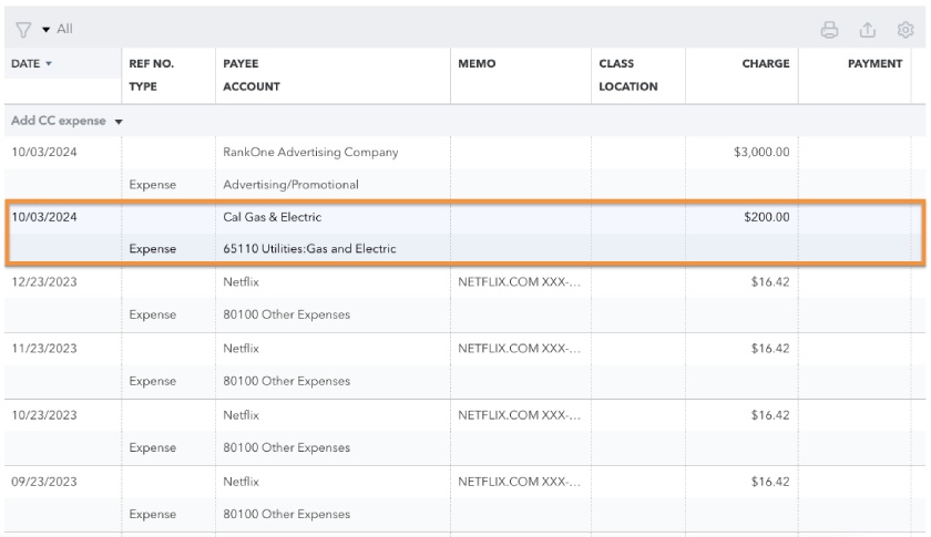 Credit card register in QuickBooks Online highlighting a transaction.