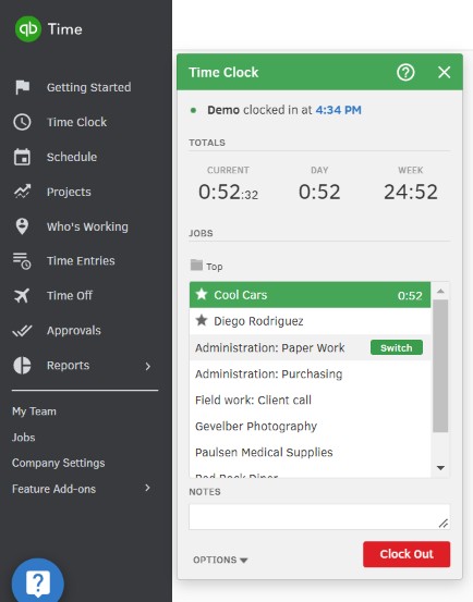 Showing how easy to switch between jobs when tracking hours with QuickBooks Time.
