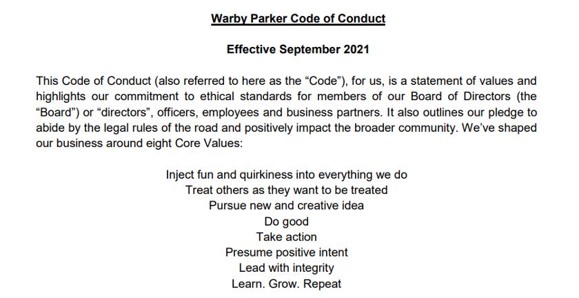 An excerpt taken from Warby parker employee handbook.