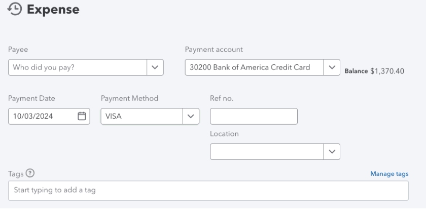 Expense entry form showing the upper portion.