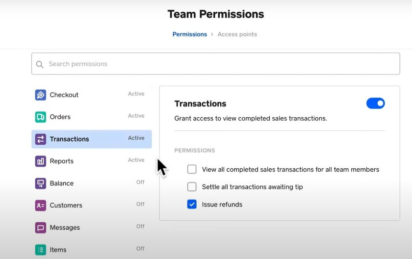 Showing pos like Square allows you to create custom permissions by employee role or establish access rules.