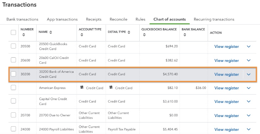 QuickBooks Online's chart of accounts highlighting a credit card account.