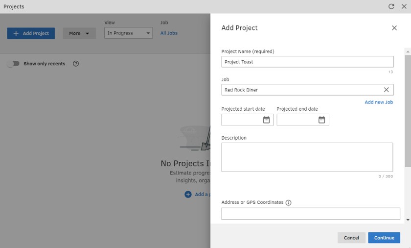Showing QuickBooks Time's add project feature.