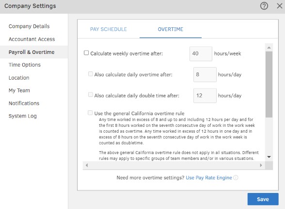 Showing QuickBooks Time's basic overtime setting.