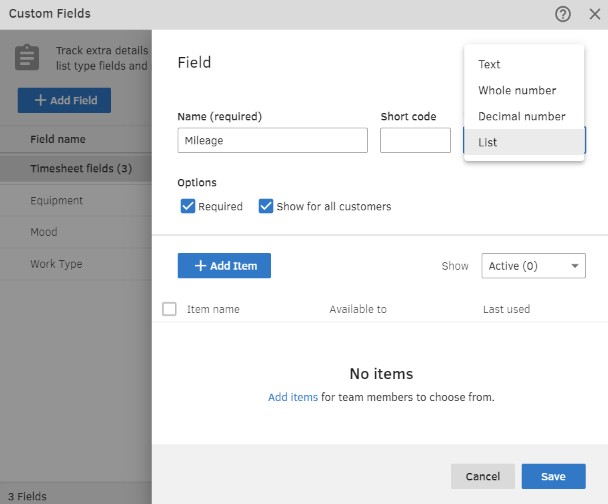 Showing QuickBooks Time's custom fields feature.