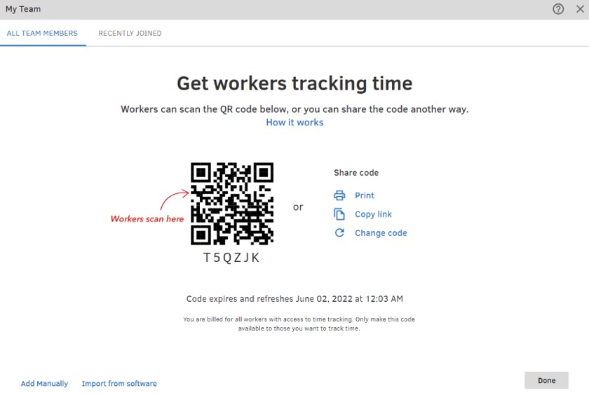 Showing QuickBooks Time's QR codes for new employees.