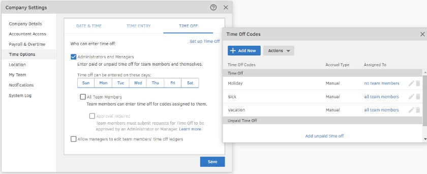 Showing QuickBooks Time's time off settings.