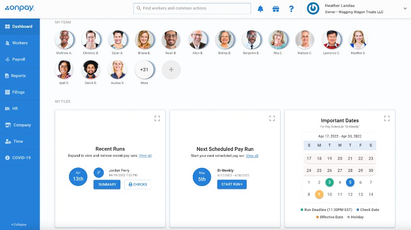 Showing quick access to each employee profile on OnPay dashboard.