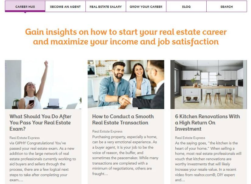 Showing real estate express career hub with real estate content.