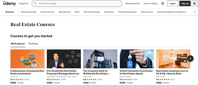 Screenshot of real estate online courses at Udemy.