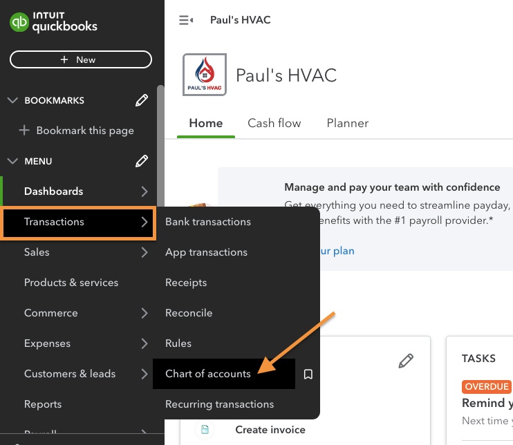 Screen showing how to navigate to QuickBooks Online's chart of accounts
