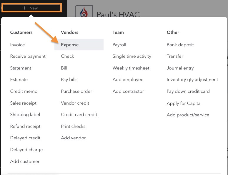 Screen showing how to navigate to the expense entry form in QuickBooks Online.