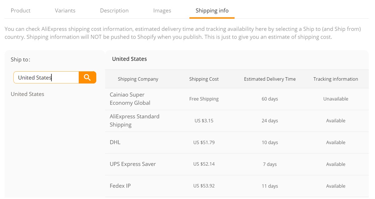 Showing shipping information tab.