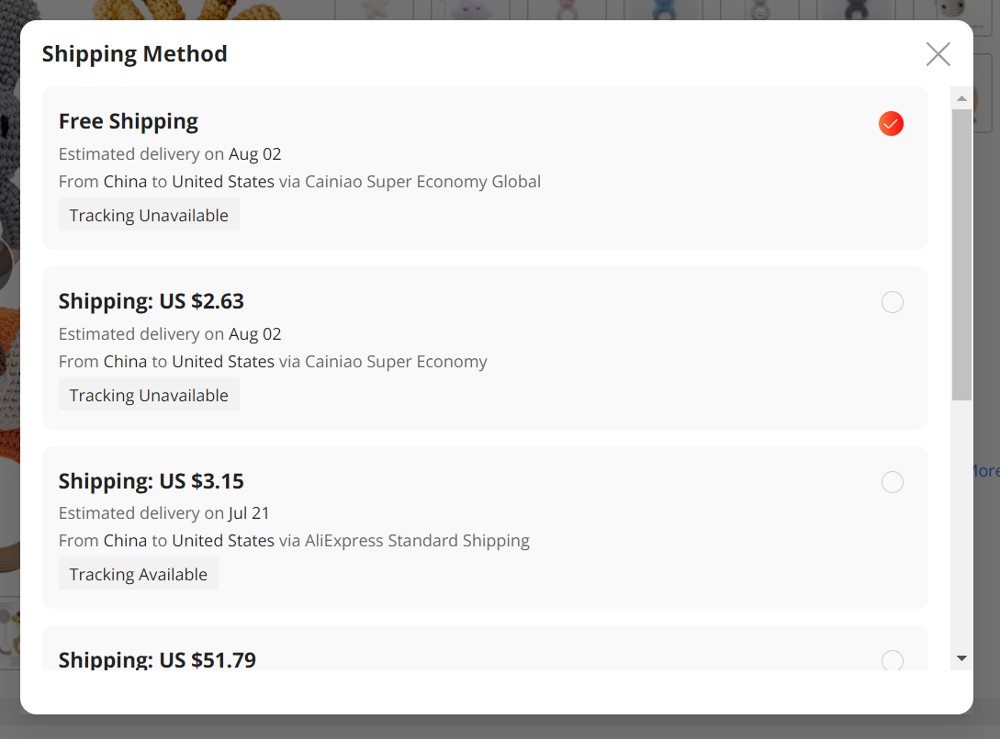 Showing shipping method options.