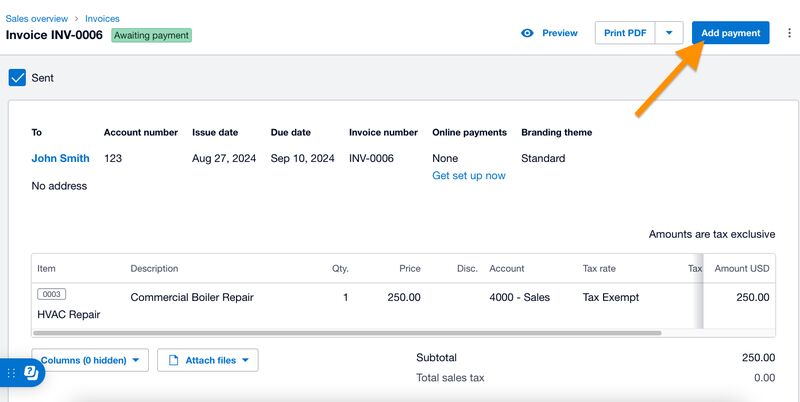 Screen showing how to navigate to the "Add Payment" window in Xero