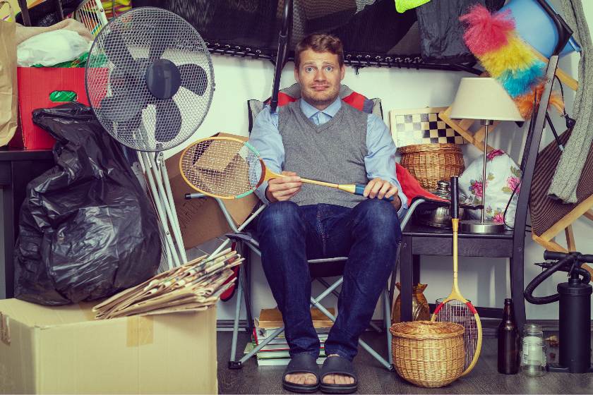 Man holding a badminton racket with lots of hoard stuff in the background.