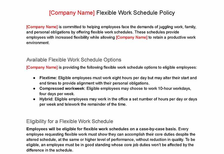 Flexible work schedule policy template.