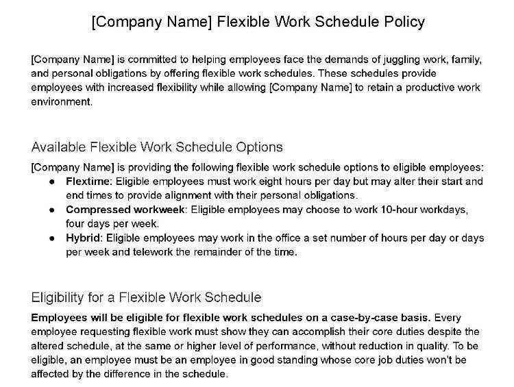 Screenshot of flexible work schedule policy template.