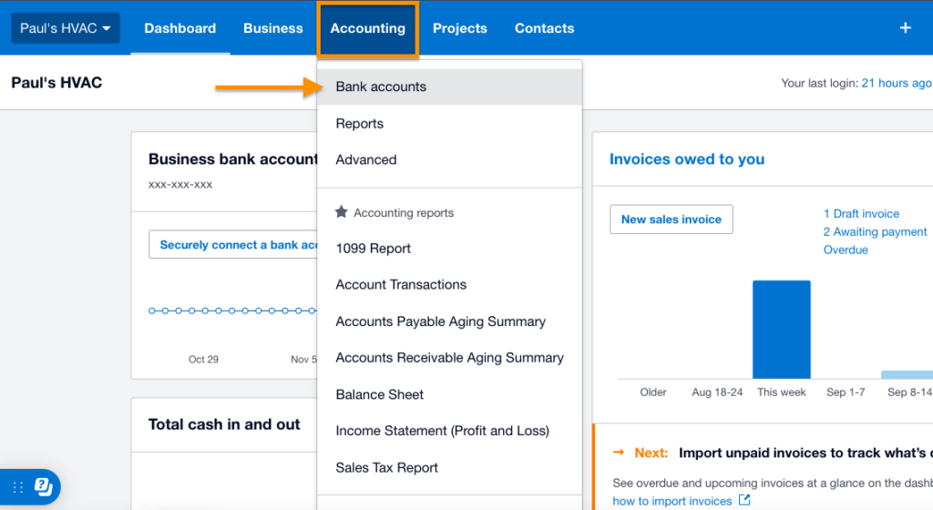 Screen showing how to navigate to the Bank accounts section in Xero