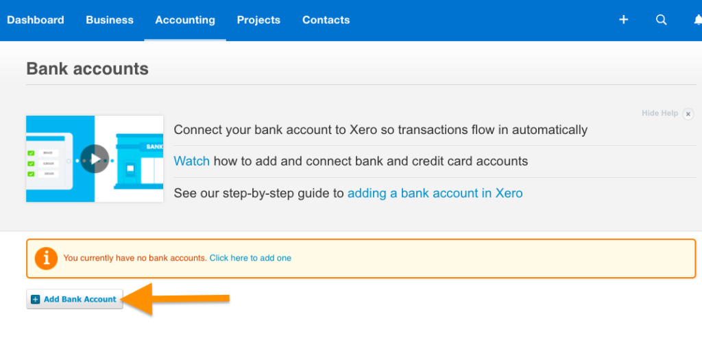 Bank accounts page in Xero highlighting the Add Bank Account button