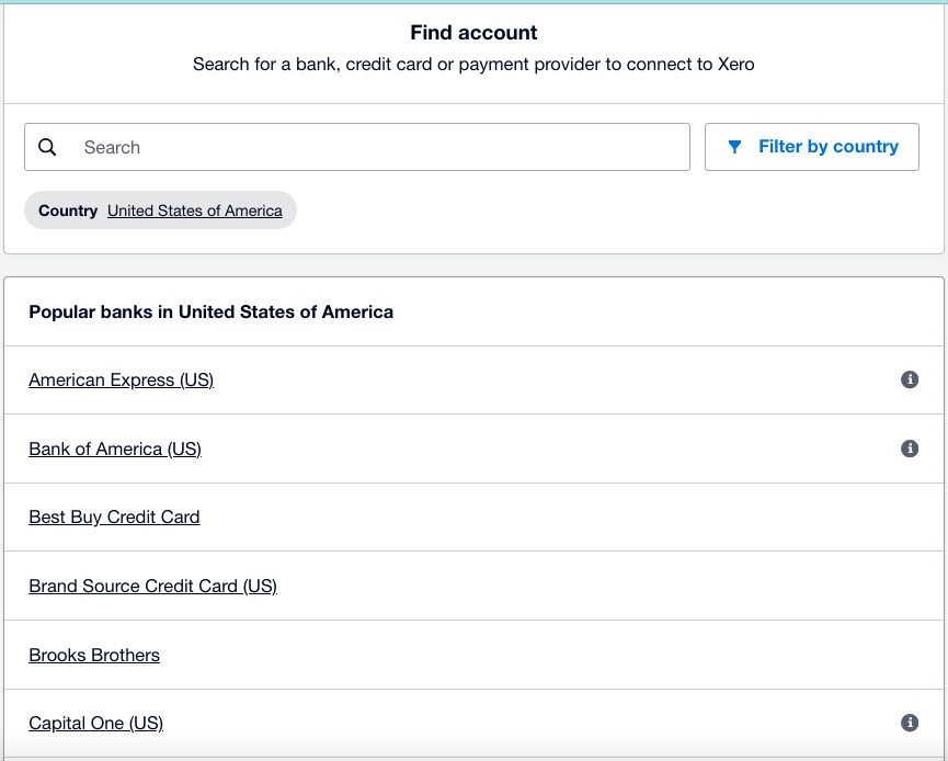 Screen where you can locate a bank account to connect to Xero